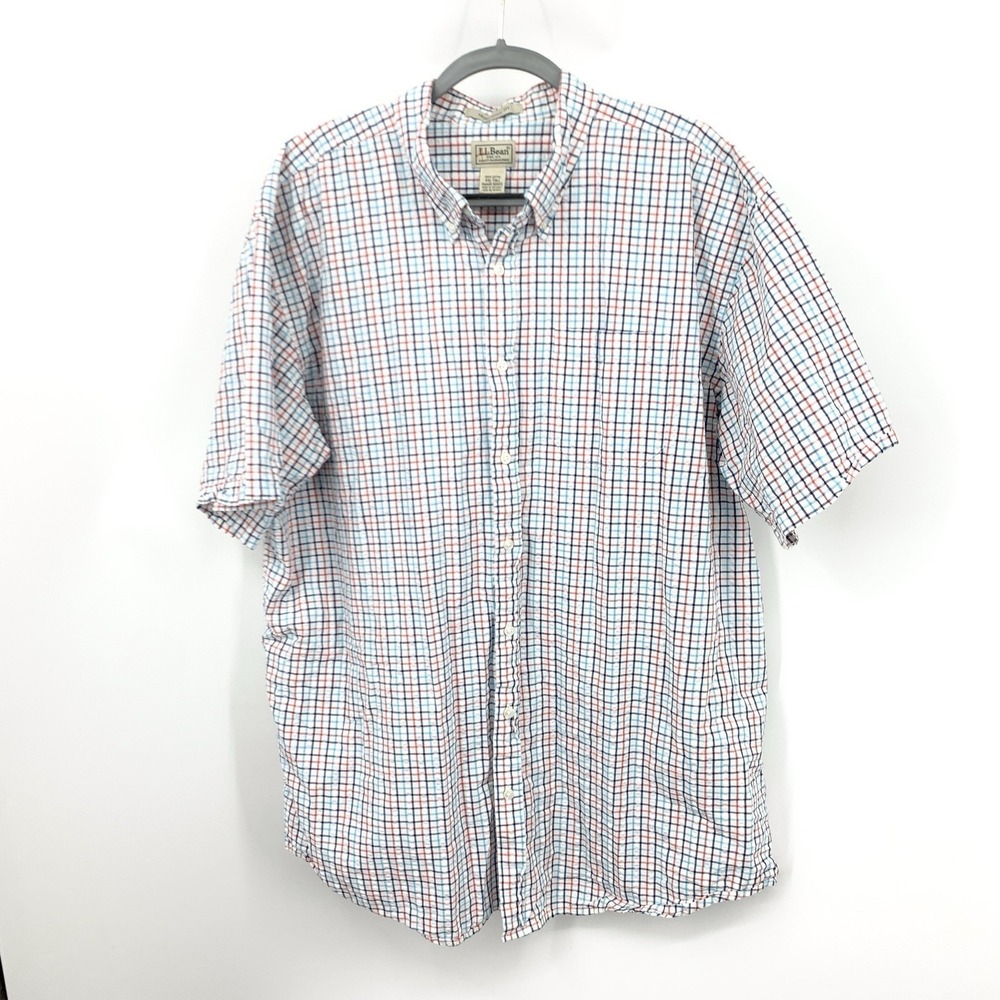 LL Bean Men Size XXL TALL Shirt Blue White Plaid Short Sleeve Button Top Cotton